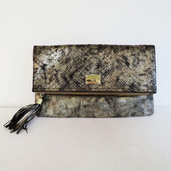 INC International Concepts Metallic Gold Bronze Black Frita Clutch Crossbody - Picture 2 of 16